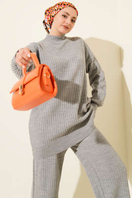 Balıkçı Yaka Fitilli Triko İkili Takım Gri - İkili Takım