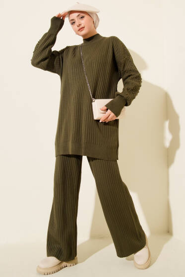 Balıkçı Yaka Fitilli Triko İkili Takım Haki - İkili Takım
