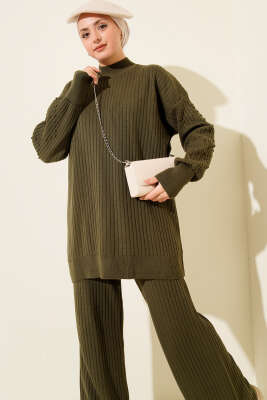 Balıkçı Yaka Fitilli Triko İkili Takım Haki - İkili Takım