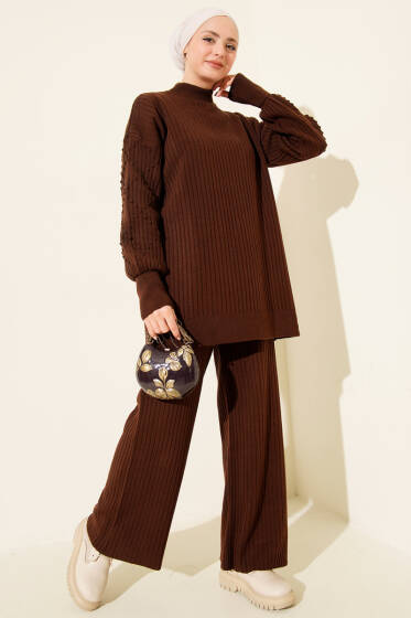Balıkçı Yaka Fitilli Triko İkili Takım Kahve - İkili Takım