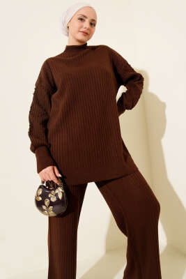 Balıkçı Yaka Fitilli Triko İkili Takım Kahve - İkili Takım