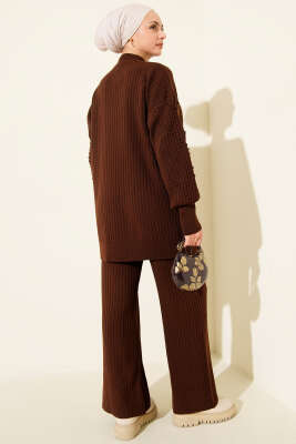 Balıkçı Yaka Fitilli Triko İkili Takım Kahve - İkili Takım