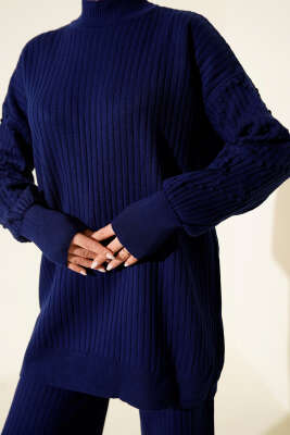 Balıkçı Yaka Fitilli Triko İkili Takım Lacivert - İkili Takım