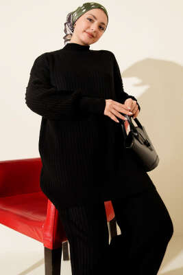 Balıkçı Yaka Fitilli Triko İkili Takım Siyah - İkili Takım