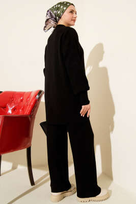 Balıkçı Yaka Fitilli Triko İkili Takım Siyah - İkili Takım