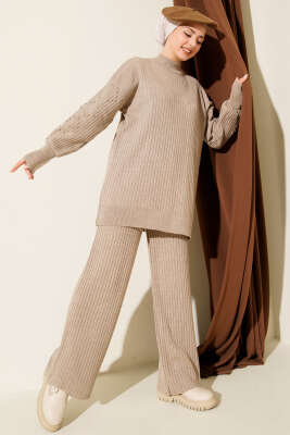 Balıkçı Yaka Fitilli Triko İkili Takım Vizon - RAFİMİX