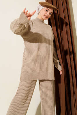 Balıkçı Yaka Fitilli Triko İkili Takım Vizon - İkili Takım