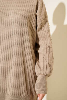 Balıkçı Yaka Fitilli Triko İkili Takım Vizon - İkili Takım