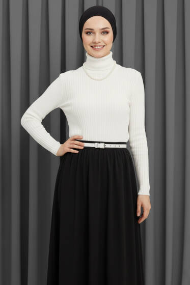 Balıkçı Yaka Fitilli Triko Kazak Ekru - Triko Kazak