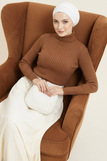 Balıkçı Yaka Fitilli Triko Kazak Kahve - Triko Kazak