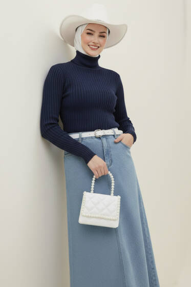 Balıkçı Yaka Fitilli Triko Kazak Lacivert - Triko Kazak