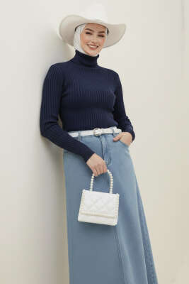 Balıkçı Yaka Fitilli Triko Kazak Lacivert 