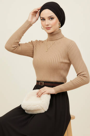 Balıkçı Yaka Fitilli Triko Kazak Latte - Triko Kazak