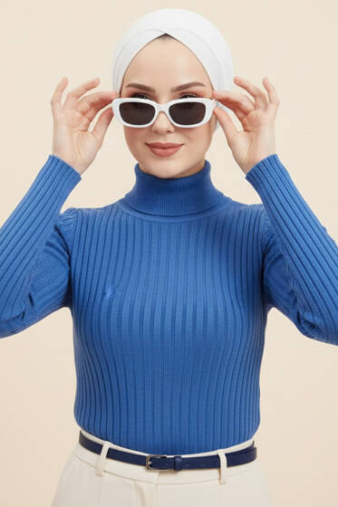 Balıkçı Yaka Fitilli Triko Kazak Mavi - Triko Kazak