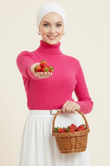 Balıkçı Yaka Fitilli Triko Kazak Pembe - Triko Kazak