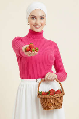 Balıkçı Yaka Fitilli Triko Kazak Pembe - Yılın Fırsatı