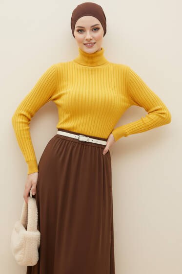 Balıkçı Yaka Fitilli Triko Kazak Sarı - Triko Kazak