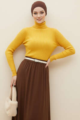 Balıkçı Yaka Fitilli Triko Kazak Sarı 