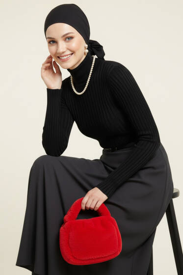 Balıkçı Yaka Fitilli Triko Kazak Siyah - Triko Kazak