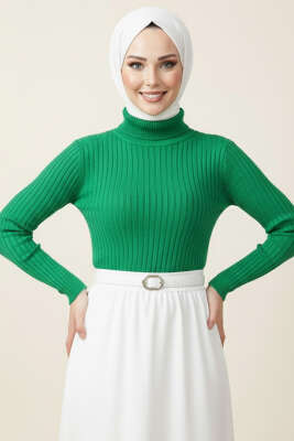 Balıkçı Yaka Fitilli Triko Kazak Yeşil 