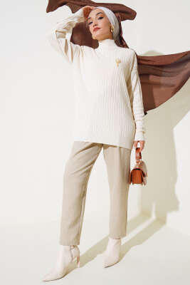 Balıkçı Yaka Fitilli Triko Tunik Bej - Triko Tunik