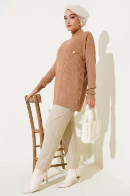 Balıkçı Yaka Fitilli Triko Tunik Büsküvi - Triko Tunik