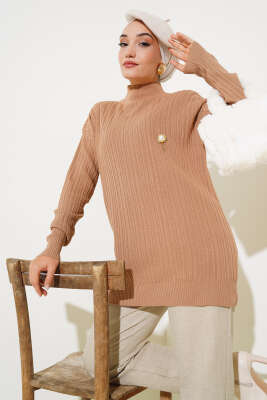 Balıkçı Yaka Fitilli Triko Tunik Büsküvi 