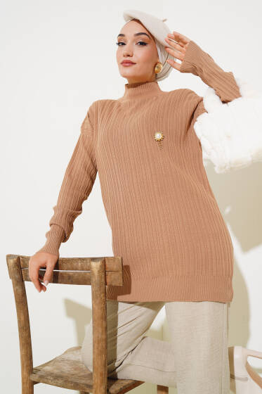 Balıkçı Yaka Fitilli Triko Tunik Büsküvi - Tunik