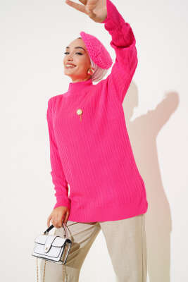 Balıkçı Yaka Fitilli Triko Tunik Fuşya - Triko Tunik