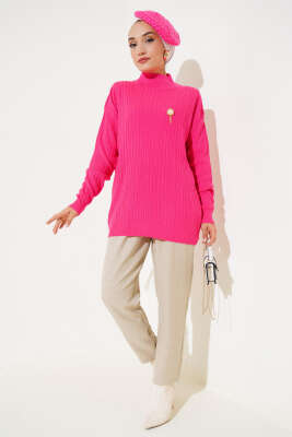 Balıkçı Yaka Fitilli Triko Tunik Fuşya - Triko Tunik