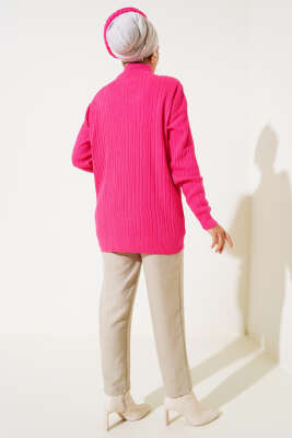 Balıkçı Yaka Fitilli Triko Tunik Fuşya - Triko Tunik