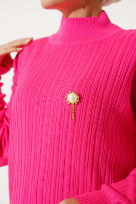 Balıkçı Yaka Fitilli Triko Tunik Fuşya - Triko Tunik