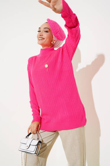 Balıkçı Yaka Fitilli Triko Tunik Fuşya - Tunik