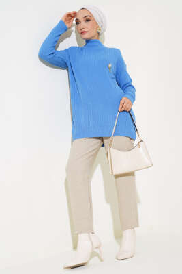 Balıkçı Yaka Fitilli Triko Tunik İndigo - Triko Tunik