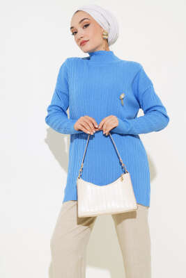 Balıkçı Yaka Fitilli Triko Tunik İndigo 