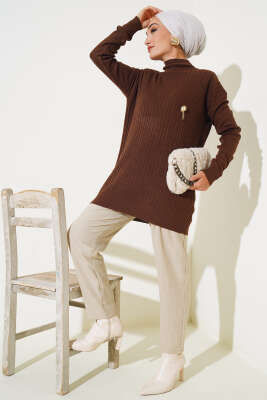 Balıkçı Yaka Fitilli Triko Tunik Kahve - Triko Tunik