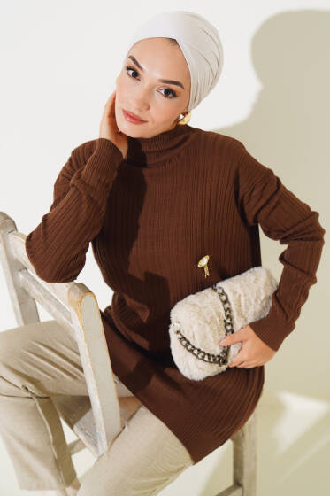 Balıkçı Yaka Fitilli Triko Tunik Kahve - Tunik
