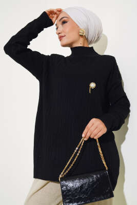Balıkçı Yaka Fitilli Triko Tunik Siyah 