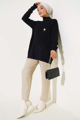 Balıkçı Yaka Fitilli Triko Tunik Siyah - Triko Tunik