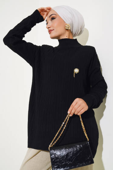 Balıkçı Yaka Fitilli Triko Tunik Siyah - Tunik