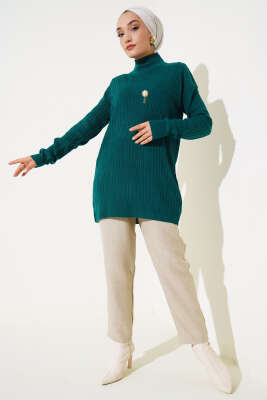 Balıkçı Yaka Fitilli Triko Tunik Zümrüt - Triko Tunik