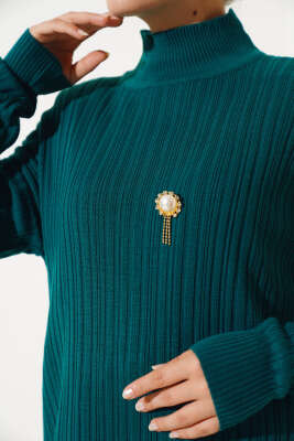 Balıkçı Yaka Fitilli Triko Tunik Zümrüt - Triko Tunik