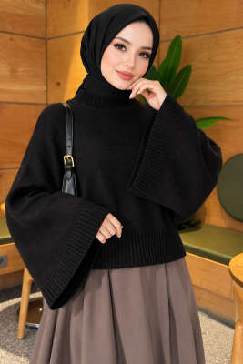 Balıkçı Yaka Geniş Kollu Kazak Siyah - Triko Kazak