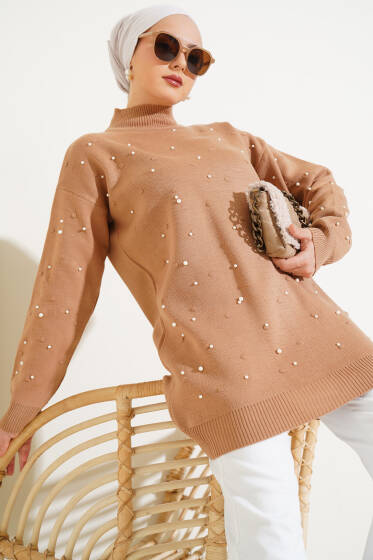 Balıkçı Yaka İncili Triko Tunik Büsküvi - Triko