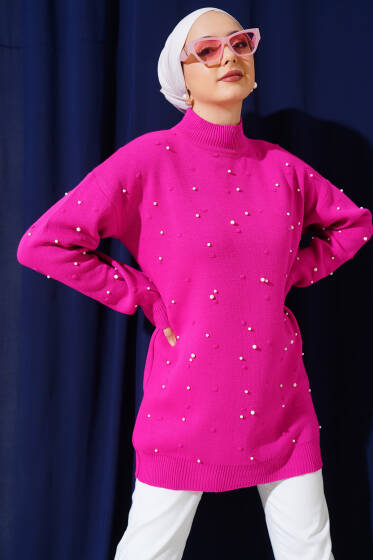 Balıkçı Yaka İncili Triko Tunik Fuşya - Tunik