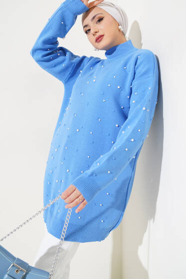 Balıkçı Yaka İncili Triko Tunik İndigo - Tunik