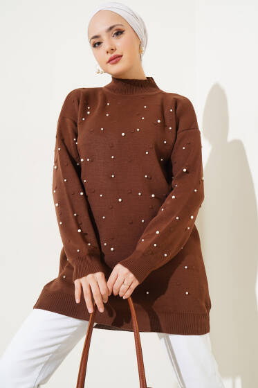 Balıkçı Yaka İncili Triko Tunik Kahve - Triko