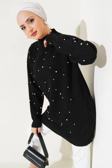 Balıkçı Yaka İncili Triko Tunik Siyah - Tunik