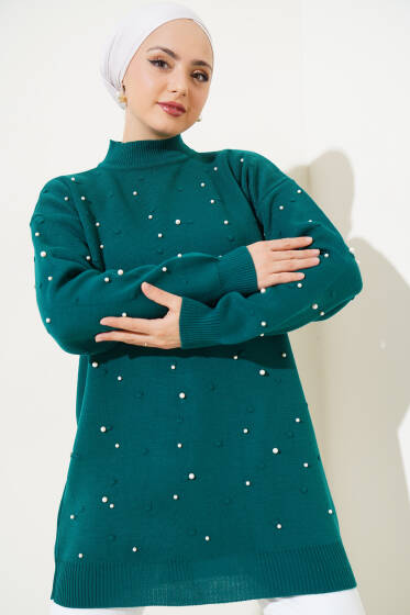 Balıkçı Yaka İncili Triko Tunik Zümrüt - Tunik