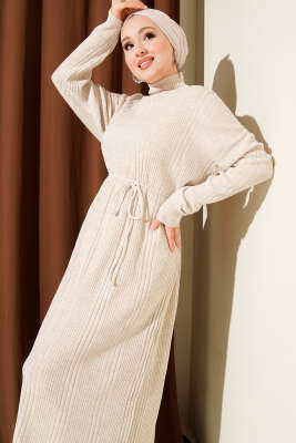 Balıkçı Yaka İp Kuşaklı Triko Elbise Bej - Elbise